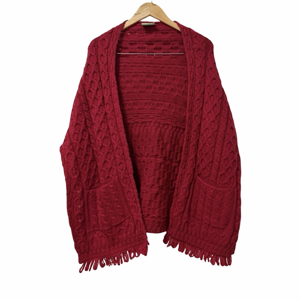 Carraig Donn Womens Merino Wool Shawl One Size OS Red Cable Knit Ireland Pockets
